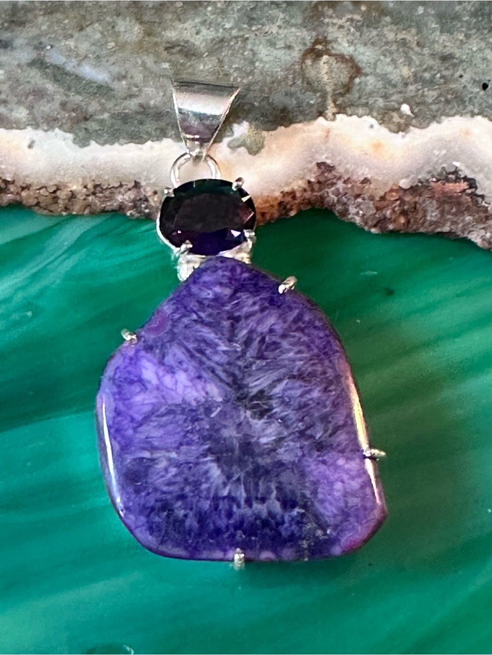 Artisan Purple Dyed Agate and Crystal Accent Stone Pendant Handcrafted
